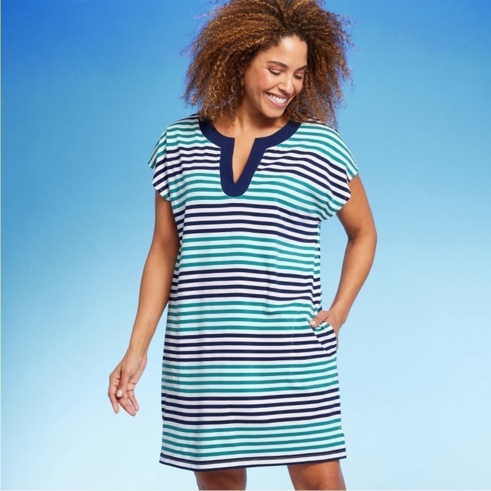 Land’s End Blue Green White Striped V-neck Cap Sleeve Swimsuit Cover Up Large